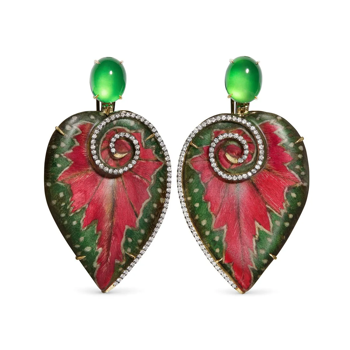 Ohrringe in Blattform in Rot und Grün mit Cabochons aus grünem Jadeit und Diamantrand, Asprey und Silvia Furmanovich