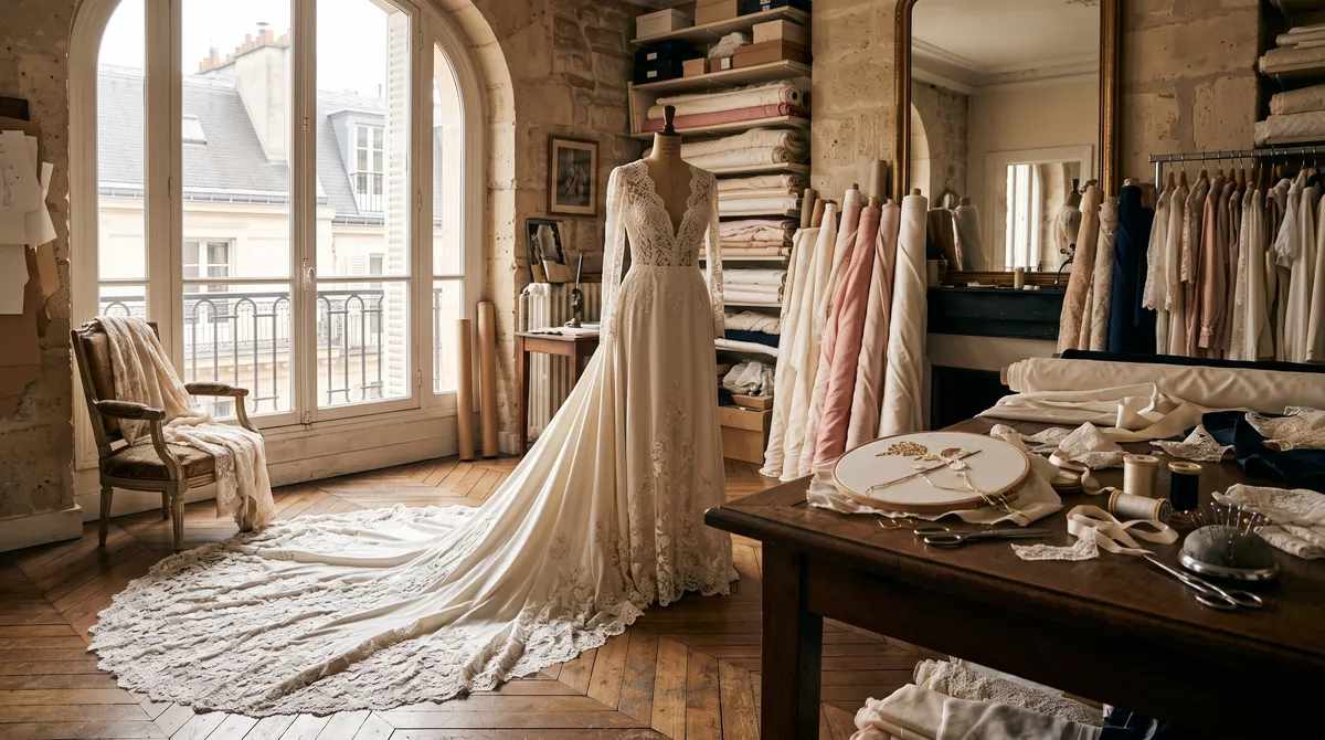 Ein elfenbeinfarbenes Seidenbrautkleid mit Spitzenschleppe auf einer Schneiderpuppe im Couture-Atelier