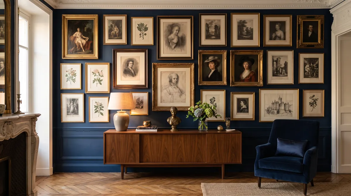 Eine Wand mit gerahmten Grafiken und Zeichnungen in einer eleganten Wohnung