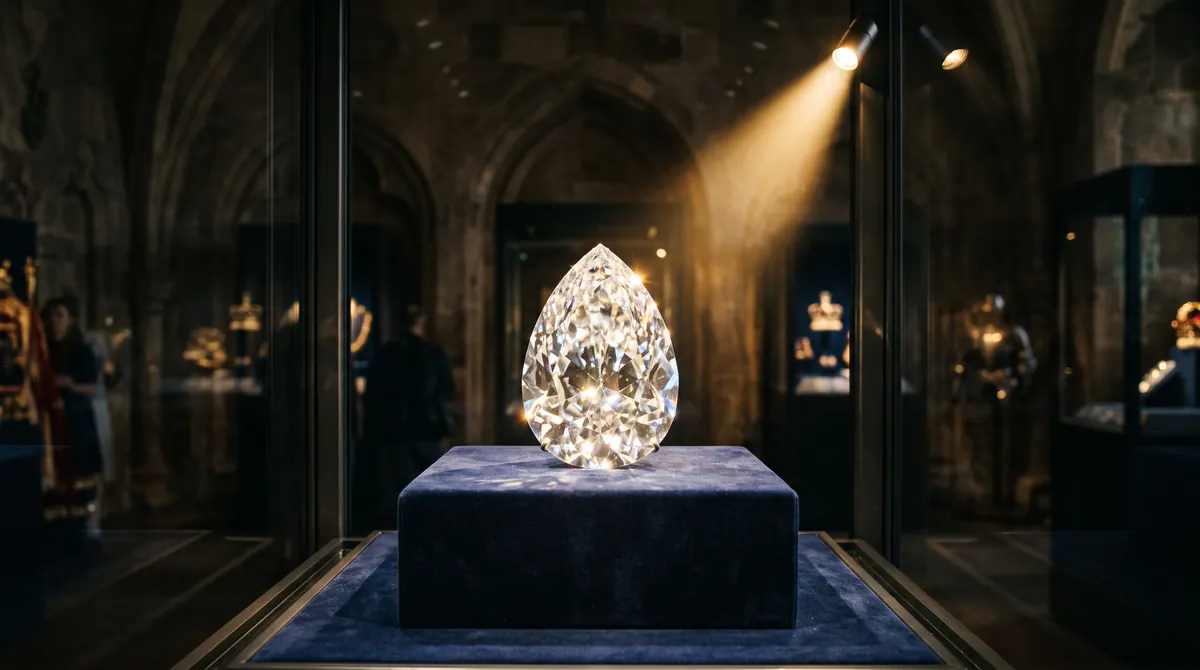 Ein großer Diamant im Tropfenschliff allein in einer dunklen Vitrine