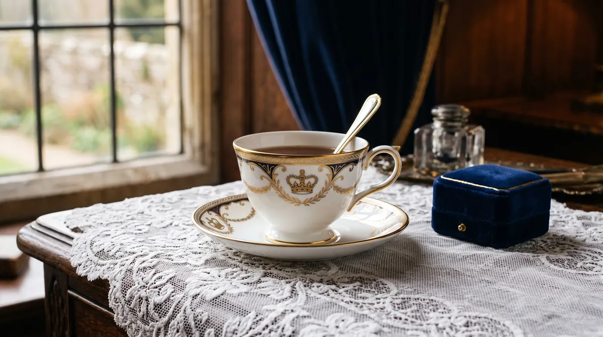 Eine Gedenktasse aus Porzellan mit goldenem Kronenmotiv