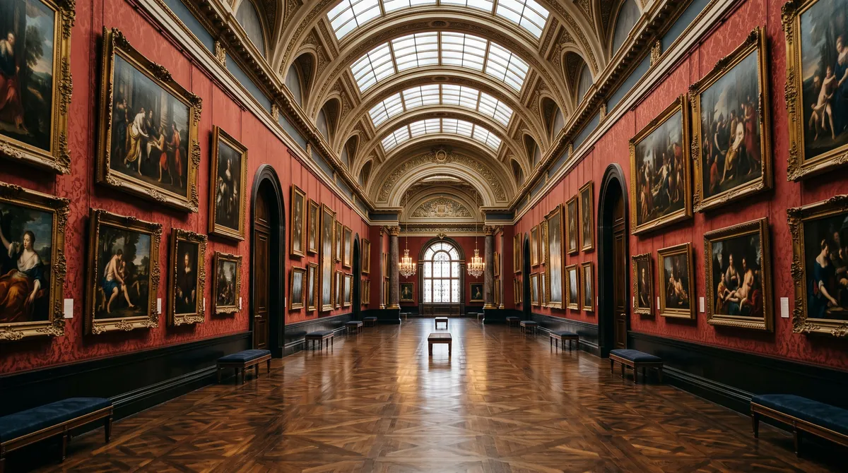 Eine lange Gemäldegalerie in einem Palast mit Alten Meistern in Goldrahmen