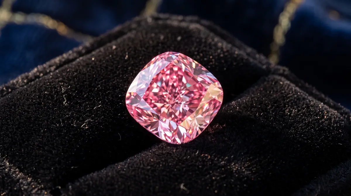 Ein großer, intensiv rosafarbener Diamant auf schwarzem Samt