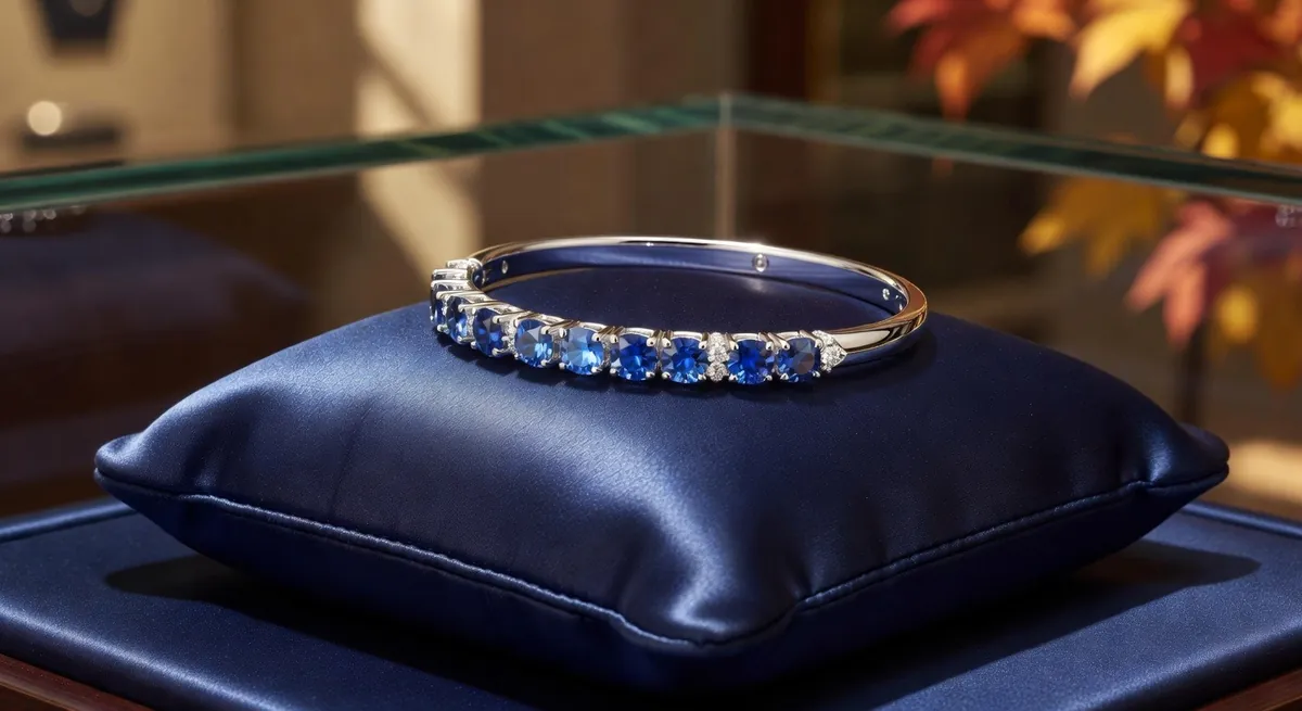Ein Armband aus Saphiren und Diamanten auf einem dunkelblauen Satinkissen