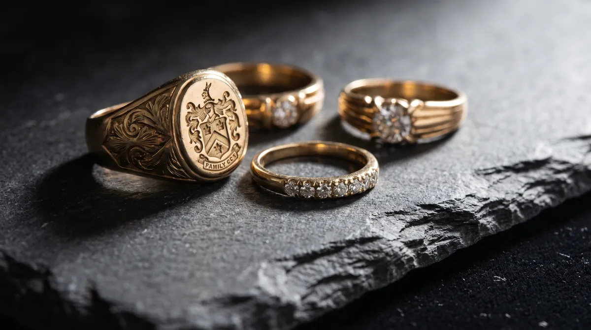 Goldene Siegelringe und Eheringe auf dunklem Schiefer