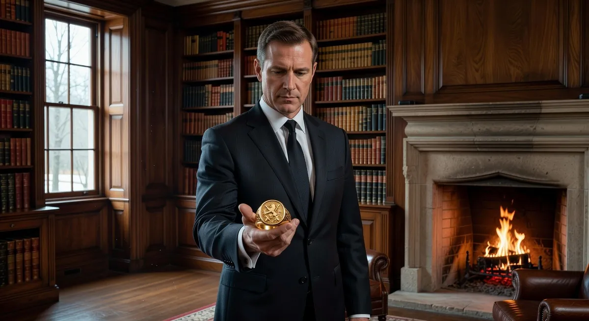 Ein Mann im dunklen Anzug mit goldener Taschenuhr in einer Bibliothek mit Kamin