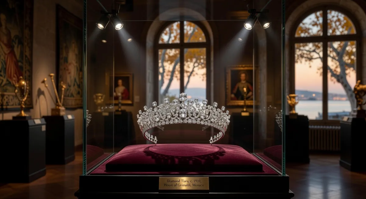 Eine Diamanttiara auf rotem Samt in einer Museumsvitrine