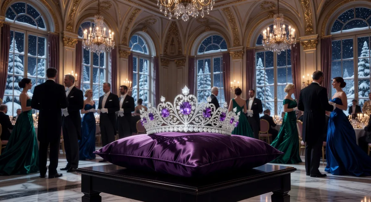 Eine Tiara auf einem violetten Kissen bei einem Abendempfang in einem Palastsaal