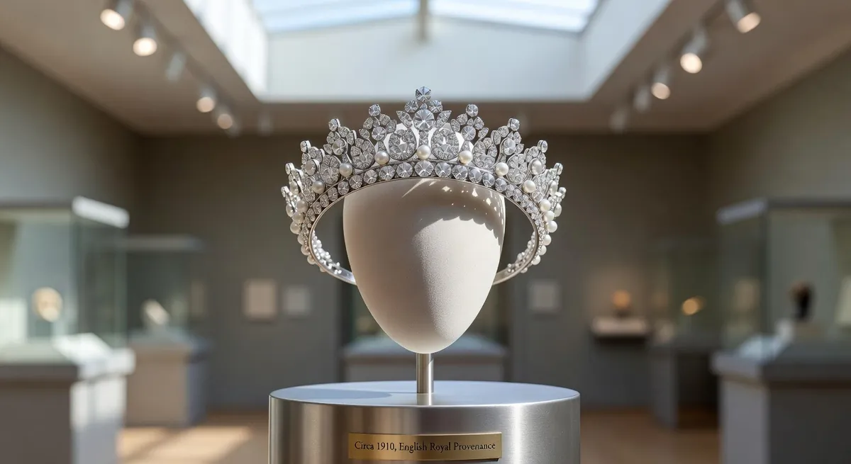 Eine Diamanttiara auf einer weißen Präsentationsbüste in einer ruhigen Galerie