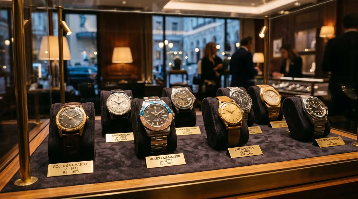 Eine Reihe von Armbanduhren in einer dunklen Sammlervitrine